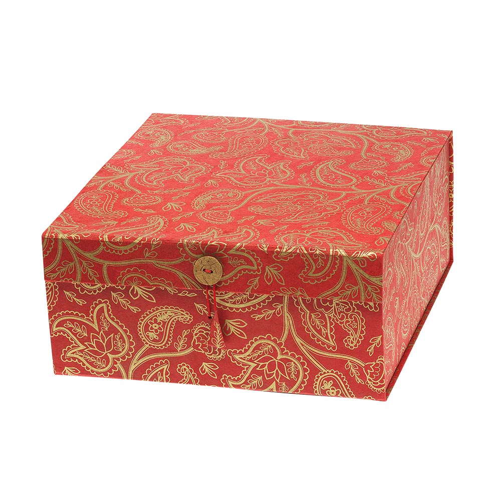 Geschenkbox rot mit goldfarbenem Muster 24x24x10cm