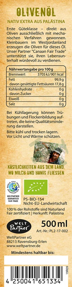 Olivenöl kaltgepresst nativ 500ml von Canaan Fair Trade