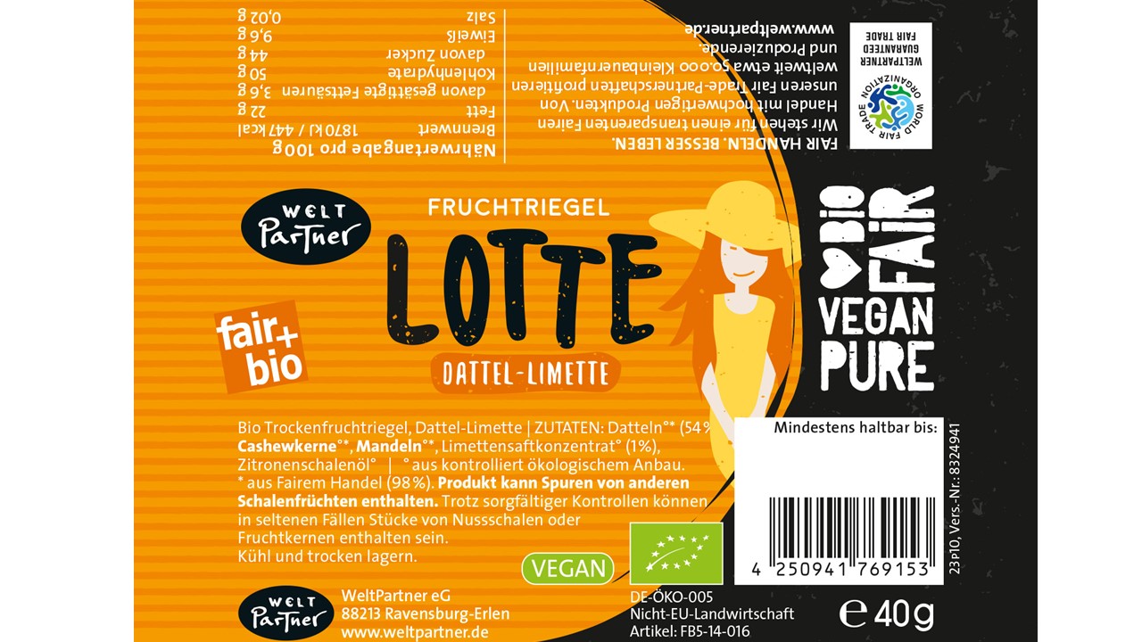 Weltpartner Fruchtriegel Lotte Dattel Limette