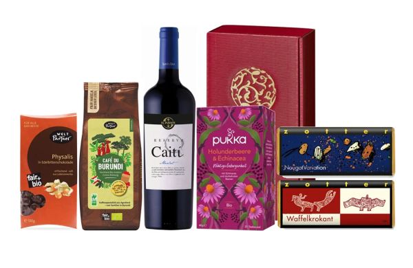 geschenkset fair einkaufen kaffee wein schokolade tee